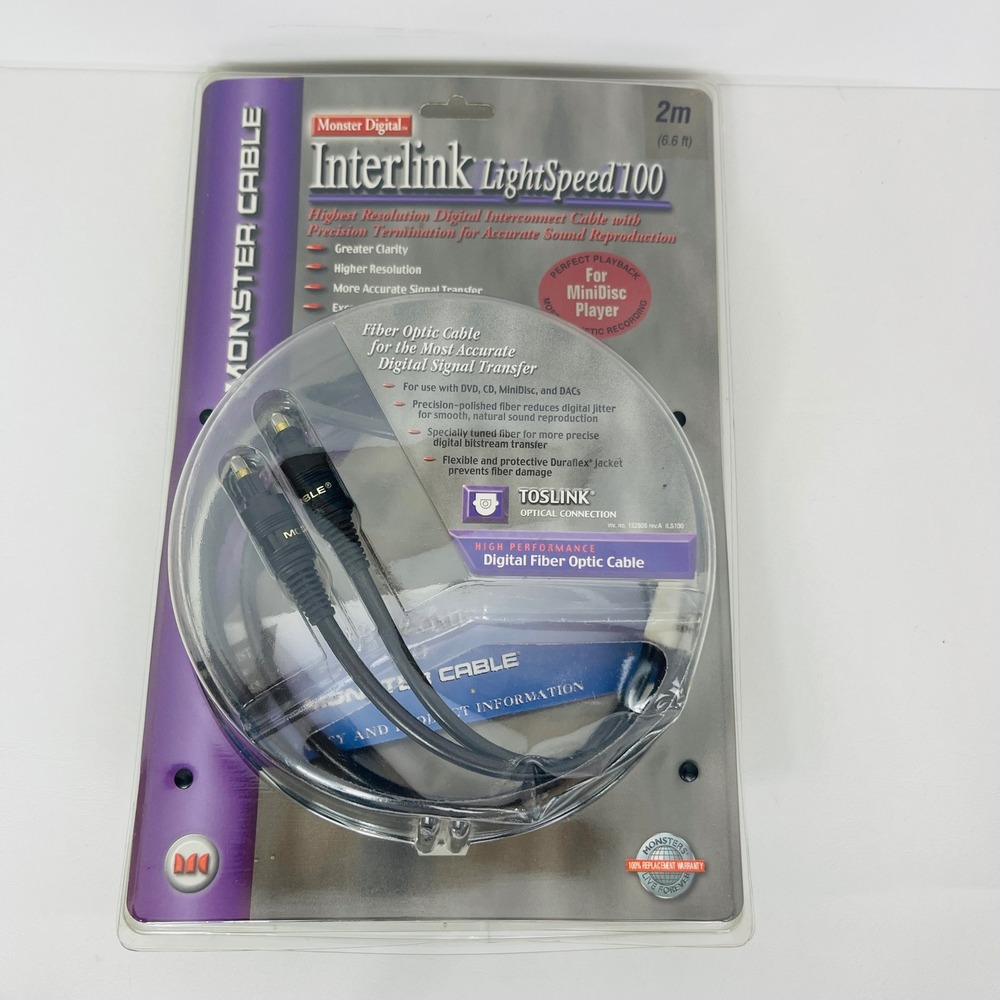 Monster Interlink LightSpeed 100 Digital Fiber Optic Toslink Cable 2m Black NEW